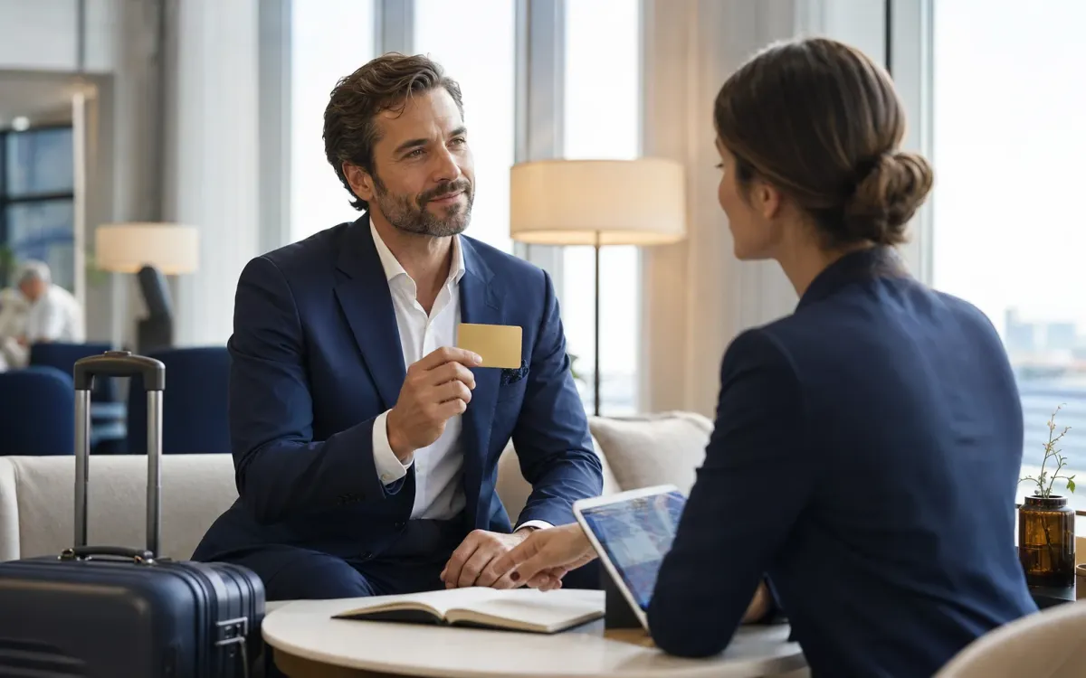 Viaggiatore con la carta Gold nella lounge dell’aeroporto